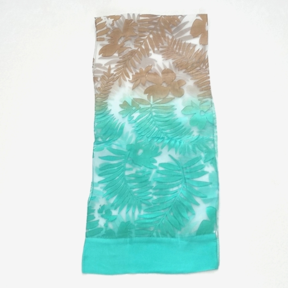 Kavita 100% Silk Aqua Painted Long Scarf In Teal, Sky Blue & Earth Tone Browns - Picture 9 of 15